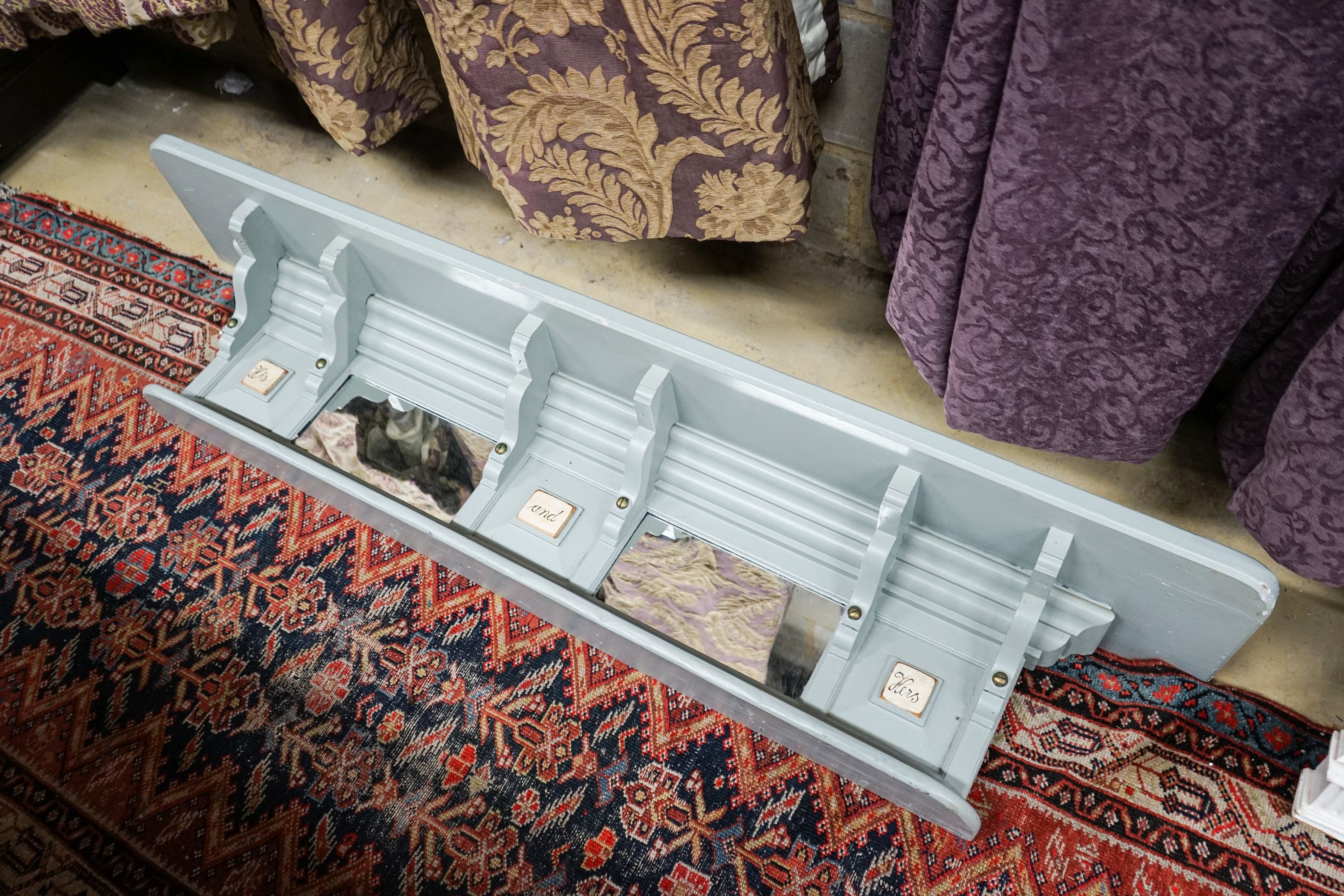 A Victorian later painted overmantel mirror, width 143cm, height 76cm together with a painted and mirrored overmantel